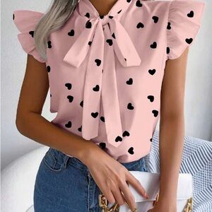 Baby pink heart print butterfly sleeve blouse